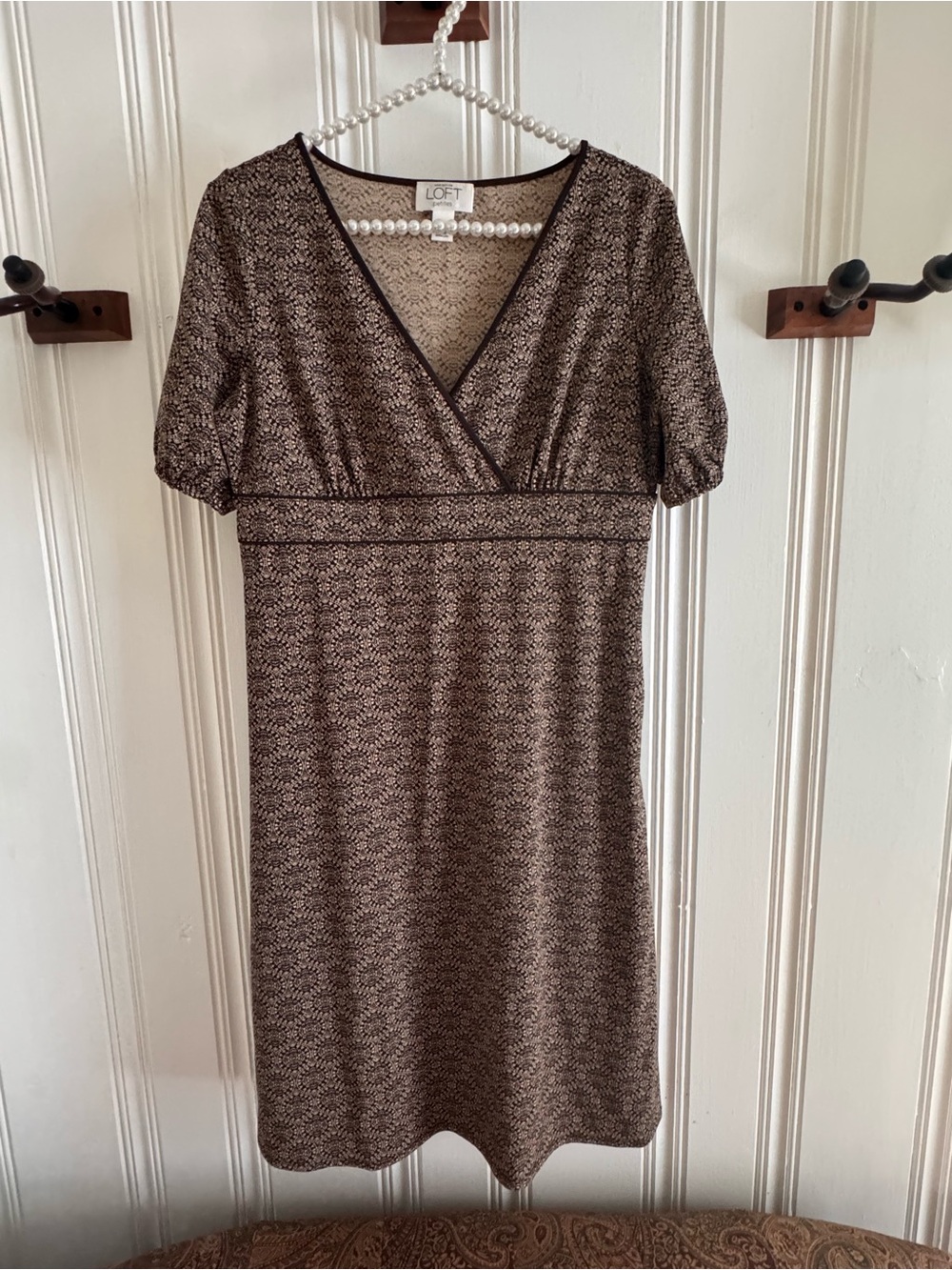 LOFT Brown Patterned Midi Dress with V-Neck